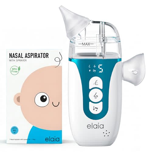 elaia Nasal Aspirator for Baby with Spray, 2-in-1 Electric Baby Nose Sucker with Fine Mist 5 Suction Levels up to 65kPa, BPA-Free, Quiet Baby Nasal Aspirator, Portable Snot & Booger Sucker for Infants