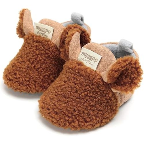 Baby Boys Girls Soft Plush Slippers Cartoon Toddler, Brown, 12-18 Months