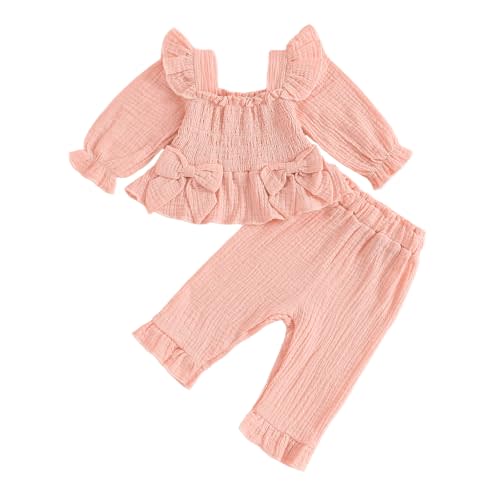 Springcmy Toddler Baby Girl Fall Outfits Ruffled Trim Smocked Square Neck Long Sleeve Tops and Pants 2Pcs Clothes Set