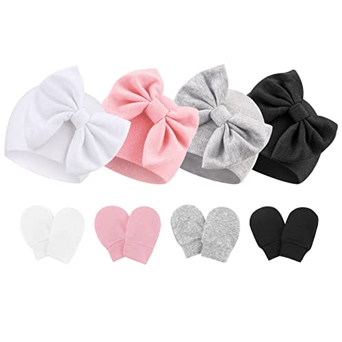 BQUBO Newborn Baby Hats Mittens Set Hospital Hat Beanie Infant Bow Hats Baby Gloves No Scratch Mittens for 0-6 Months