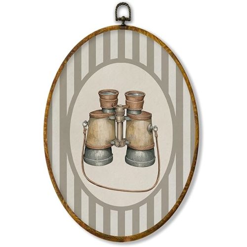 XPH Vintage Binoculars Nursery Oval Wall Art Framed, Kids Oval Wall Decor Accents, Neutral Striped Binoculars Adventure Hanging Canvas Prints for Home Kids Boy Nursery Room Playroom Decoration, 8.6x11.4 Inch