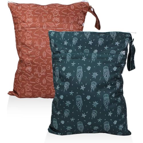 Mama Koala Waterproof Wet Dry Bags for Baby Items, Cloth Diapers, Swimsuits, Travel, Gym Clothes, Beach, Pump Parts, Toiletries, Two Zippered Pockets, 2 Pack (W020)