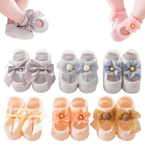 Baby Ballet Socks,3pair Non-skid Socks Shoes for Baby Girls,Newborn Cotton Toddler Lace Bowknot Flower Walker Sock(6Pair-C, S)