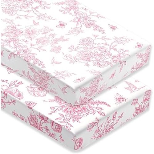 2 Pack Pink Vintage Floral Crib Sheet Set for Baby Girl, Soft Breathable Fitted Coquette Crib Sheet 28 x 52 in, Chinoiserie Nursery Decor for Standard Crib and Toddler Bed Mattresses