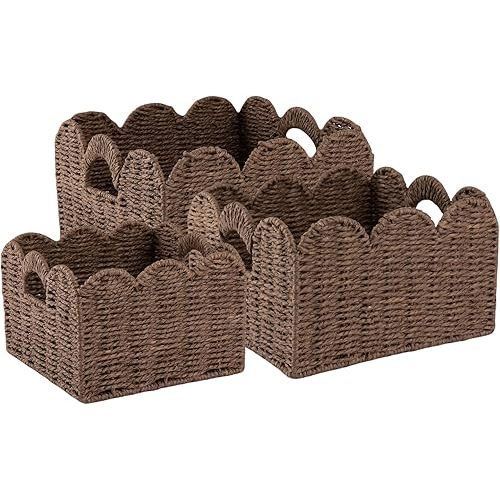 OIAHOMY Scalloped Wicker Baskets, Hand-woven Storage Baskets with Built-in Handles, Paper Rope Shelf Baskets for Organizing and Decoration, Set of 3-Brown
