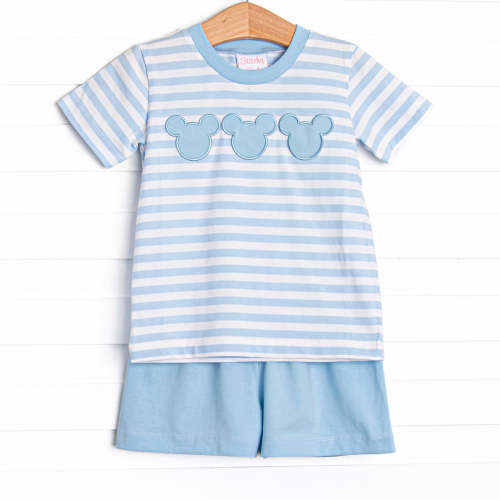 Mr. Mouse Trio Applique Short Set, Blue Stripe – Stitchy Fish