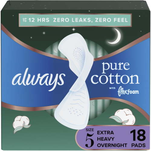 Always Pure Cotton Feminine Pads With Wings, Size 5, Extra Heavy Overnight Absorbency 18 Count HSA/FSA Eligible