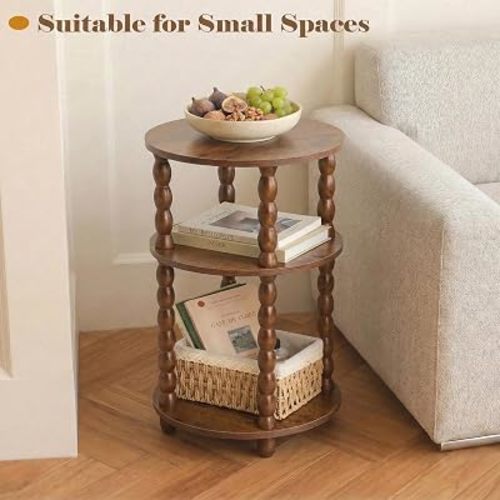 Round Side Table with 3-Tier Shelves, Small End Table with Solid Wood Legs for Living Room Bedroom, Modern Circular Coffee Table Nightstand for Small Spaces, Easy No-Tool Assembly