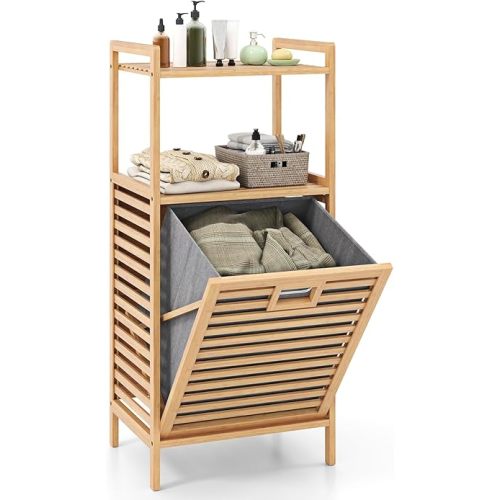 Giantex Tilt Out Laundry Hamper, Bamboo Laundry Storage Cabinet w/ 2-Tier Storage Shelves, Foldable & Removable Basket, Freestanding Laundry Basket Organizer for Bathroom Laundry Room Bedroom