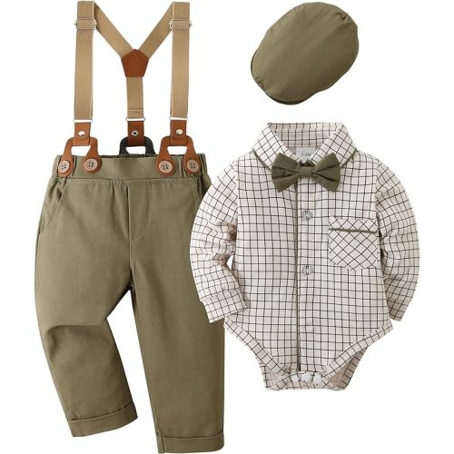 CARETOO Baby Boy Wedding Outfit Baby Formal Outfit Boy Dress Shirt/Bowtie/Suspender Pants Set Green 3-6months