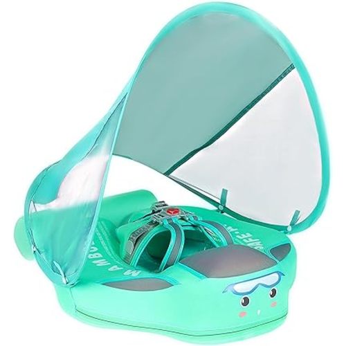 Mambobaby Float Add Tail No Flip Over Non-Inflatable Baby Swim Float Pearl Foam Solid Water Floats Smart Swim Trainer Infant Pool Float Swim Ring with Sun Canopy