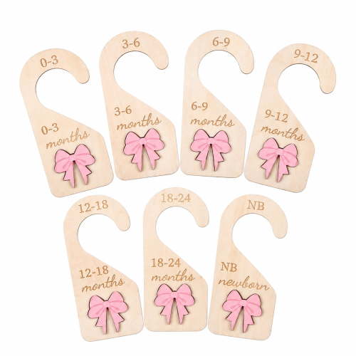 7Pcs Wooden Closet Dividers Set with 3D Pink Bow, Double Sided Wardrobe Size Organizer, Natural Wood Clothing Separators for Nursery Closet Organization, Baby Showers and Mother's Day Gift