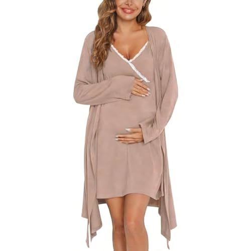 SWOMOG Womens Maternity Robe 2 Piece Nursing Nightgown for Breastfeeding 3 in 1 Labor Delivery Nursing Dress Lace Bathrobe