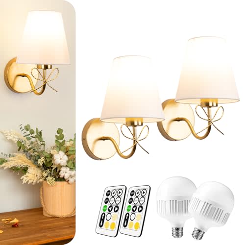 Mesuz Battery Operated Wall Sconces Lights Set of Two Remote Control, Antique Brass Bow Sconces Rechargeable Battery Powered Wall Lights Dimmable LED 2700K-6000K 16 Color Temperatures