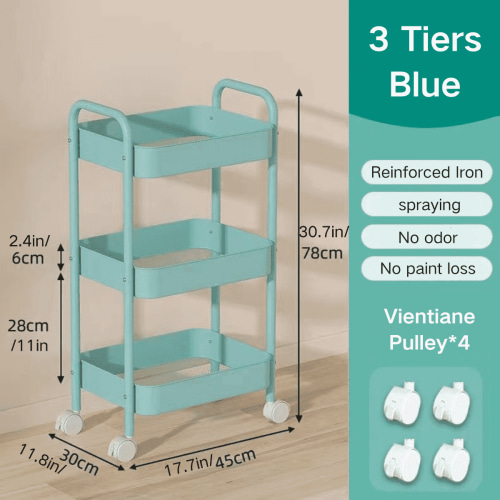 FTCBJJA Carbon Steel Storage Cart, 3-Tier Rolling Storage Mobile Utility Cart, Living Room, Kitchen Sorting Metal Storage Organizer Blue