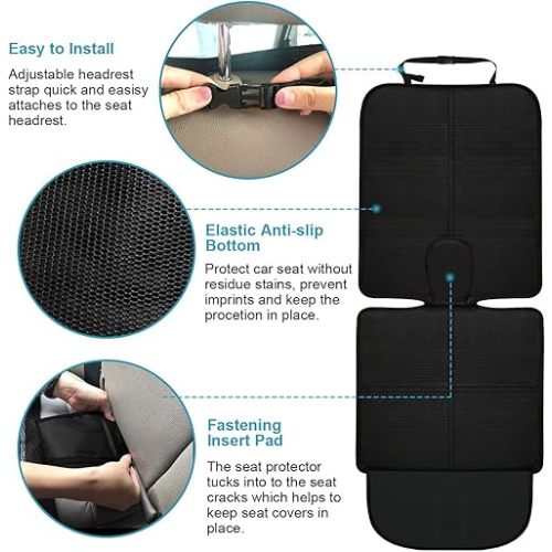 Car Seat Protector, 2 Pack Carseat Protector with Thick Padding, Baby/Pets for Child Car Seat-Mesh Pockets-Waterproof-Universal Size (Black)