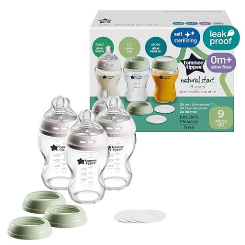 Tommee Tippee Natural Start 9 oz Glass Baby Bottles, Self Sterilizing, BPA & Phthalates Free, 0+ Months, Slow Flow Breast-Like Nipple for a Natural Latch, Travel Jar Lids, Cup Rings, Pack of 3
