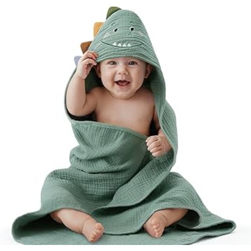 Blissful Diary Muslin Baby Hooded Towel, Soft and Absorbent Bath Towel for Newborn, Infant, Toddler, Unisex, 32″x32″ - Roguish Dino
