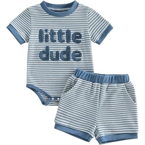 Newborn Baby Boy Summer Outfit Set Letter Embroidery Crew Neck Romper Jumpsuits Shorts Cute Infant Waffle Clothes