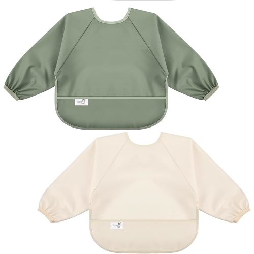 Lot de 2 bavoirs à manches longues pour bébé, tissu imperméable, couverture complète avec poche fourre-tout, 6-24 mois