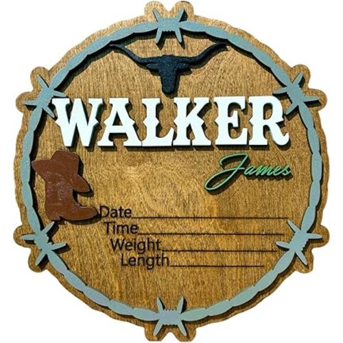 baby announcement decor for newborn western style rustic farmhouse round name sign with birth stats keepsakes sign for hospital 12 inch circular sign