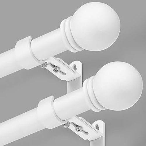 Curtain Rods for Windows 16 to 48 Inches, Curtain Rod Max Adjustable Length of 60 IN, 6/8" Diameter Drapery Rods Round Finials, White, Pack of 2