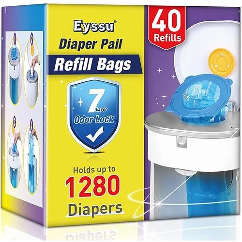 Diaper Pail Refill Bags 40 Pack, Compatible with Arm&Hammer Disposal System, Diaper Bags with Upgraded Odor Lock, Seal and Toss Diaper Pail Refills, Holds up to 1280 Baby Diapers