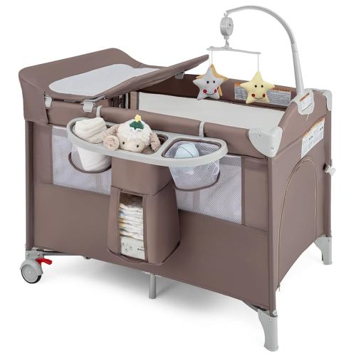 BABY JOY 5-in-1 Pack and Play, Portable Baby Bedside Sleeper with Bassinet, U-Shaped Diaper Changer, Safety Strap, Side Zipper Entrance, Bedside Crib Playard from Newborn to Toddlers (Coffee)