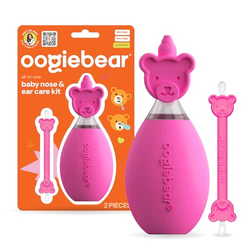 oogiebear All-in-One Baby Nose & Ear Breathing Kit, 2 Pieces, Raspberry | Snot Buster Nasal Aspirator & Nose Cleaner, Safe Mucus & Dual-Ended Ear Wax Remover Newborns, Infants & Toddlers, BPA-Free
