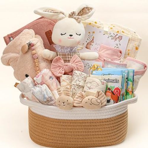 Baby Girl Gifts for Newborn, Baby Girl Gift Basket with Bunny Plush Toy, Onesie, Blanket & Diaper Caddy Organizer – All-in-One Baby Shower Gift Set, Gender Reveal & Welcome Baby Gifts for Girls