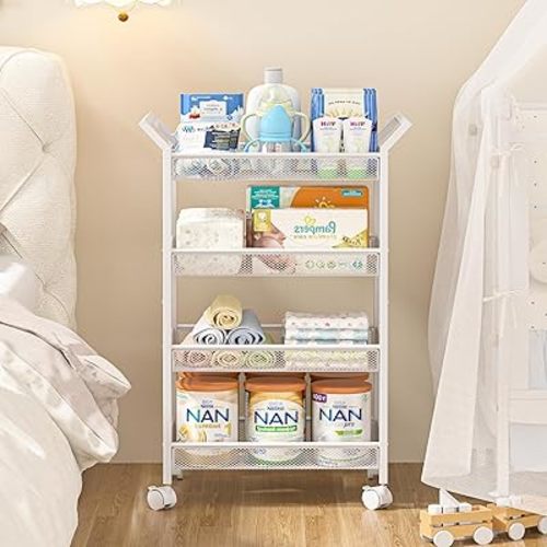 4-Tier Baby Diaper Caddy Cart, Diaper Caddy Organizer and Storage, Nursery and Baby Essentials Storage, Rolling Utility Cart for Bedroom and Bathroom, White