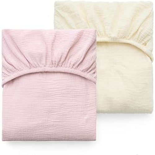 Momcozy Muslin Standard Fitted Crib Sheets, 52"x28", 2 Pack Soft Breathable Natural Cotton Baby Mattress Sheet, 360° Mattress Wrapping No Slip Boys Girls Neutral Toddler Bed Sheet, Beige Blush