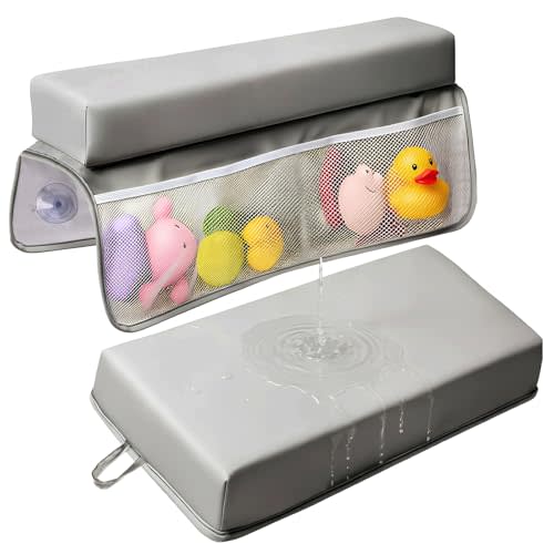 Baby Waterproof Vegan Leather Bath Kneeler and Elbow Rest Pad Set | Thickened Non-Slip Memory Foam Knee & Arm Support Bathtub Mat with Toy Organizer for Infant Toddler Bathing