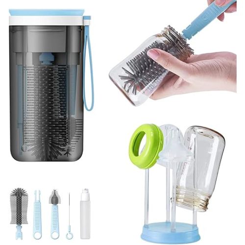 Travel Baby Bottle Drying Rack with Bottle Cleaning Brush Set, Blue