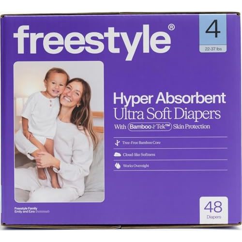 Freestyle BambooTek Diapers – (Size 4) Hyper Absorbent & Non-Toxic – Disposable Diapers for Sensitive Skin – Ultra Soft Diaper's (22-37 lbs) – 48 Count