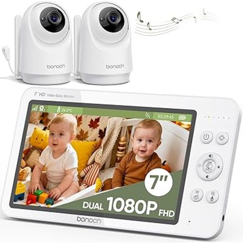 bonoch V2.0 1080P Baby Monitor with 2 Cameras, 7" MegaView Split Screen Baby Monitor No WiFi, 2026 Upgraded Sleep/Crying/Motion Detection, Dual Video Monitor with Camera and Audio, White Noise