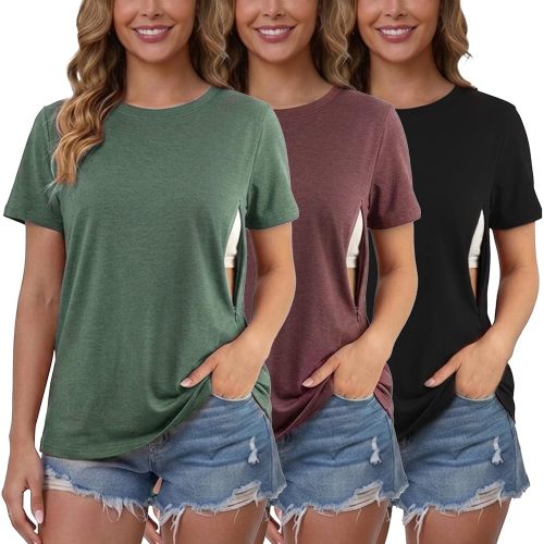 Ecavus Women's 3-Pack Nursing Shirts for Breastfeeding with Hidden Zippers Loose Fit Maternity Tops - Medium