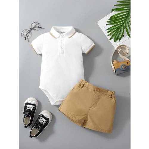 Souflis Souflis Baby Boy Casual Patchwork Edge Polo Collar Bodysuit And Shorts Set, Summer