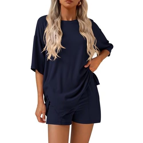 KIRUNDO 2 Piece Sets for Women Summer Lounge Sets Casual Oversized Tshirts Shorts Matching Airport Travel Outfits Postpartum