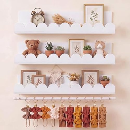 Qunclay Nursery Floating Shelves with Rod, White, 15.7 Inch, 3-Tier