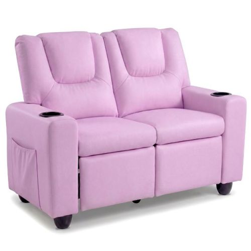 Costway 2-Seater Kids Recliner with Cup Holders Side Storage Pockets Adjustable Backrest Pink