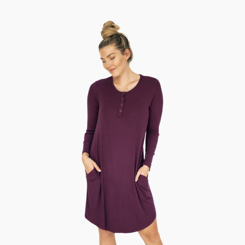 Kindred Bravely Betsy Bamboo Henley Nursing Nightgown | Long Sleeve Maternity Nightgown - Plum, Medium