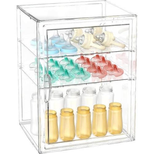 BOHOIDEE 15.7"X11.8"X9.8" Baby Bottle Organizer 3 Tier Clear Acrylic Storage, Dustproof Adjustable Divider Countertop Organizer for Kitchen Nursery Baby Essentials New Mom