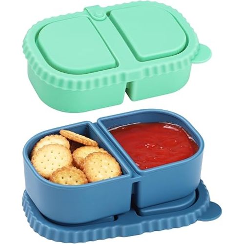 Silicone Snack Containers, 2 Pack Reusable Double Compartment Silicone Snack Boxes with Lids, Fruit and Salad Dressing Sauce Seasoning Container(Blue Green)