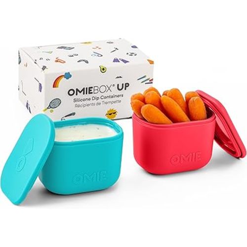 OmieBox UP (2 pack) Leakproof Dips Containers To Go, Salad Dressing Container, Condiment Container with Lids - Food Safe Silicone - 4.5 ounces (Pink/Teal)