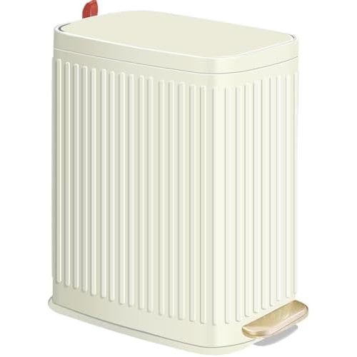 Small Bathroom Trash Can with Air Freshener Soft Close Lid, 6 Liter/ 1.6 Gallon Stainless Steel Garbage Can with Removable Inner Bucket,Step Pedal, Slim Wastebasket for Bedroom, Toilet (Ivory White)