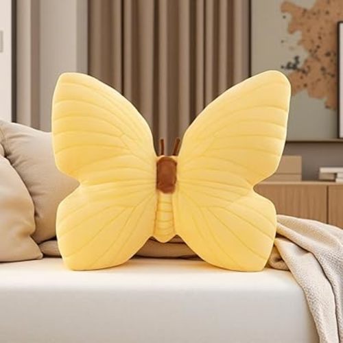 Butterfly Shaped Throw Pillow, Soft Butterfly Stuffed Seat Cushion Pad,Plush Pillow Velvet Decorative Animal Pillow for Couch Living Room Bed (Yellow)