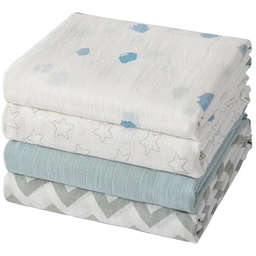 POMISO Muslin Swaddle Blankets for Boys & Girls, Receiving Baby Blanket for Newborns, Large 47 x 47 Inches, Soft Breathable Baby Swaddles, 4 Pack Stars & Striped