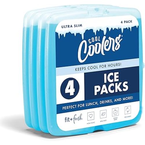 Cool Coolers By Fit & Fresh 4 Pack Slim Ice Packs, Quick Freeze Space Saving Reusable Ice Packs for Lunch Boxes or Coolers, Blue