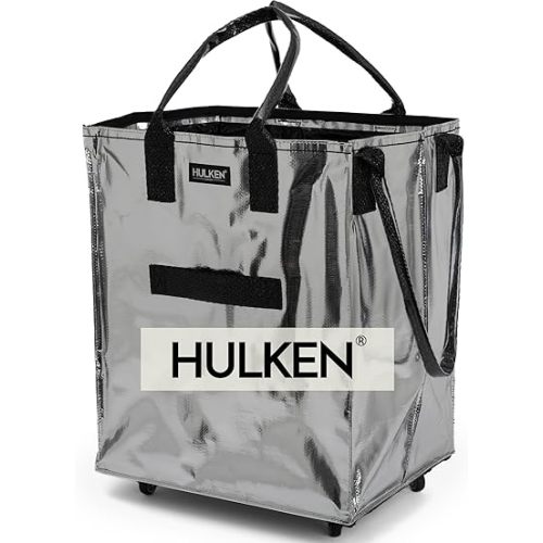 HULKEN - Large Silver, Reusable Grocery Bag On Wheels, Holds 66 lb